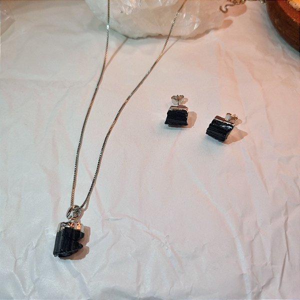 Conjunto Colar e Brinco Turmalina Negra - Ródio Branco