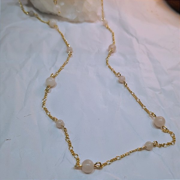 Colar Contas Quartzo Rosa - Folheado  a Ouro