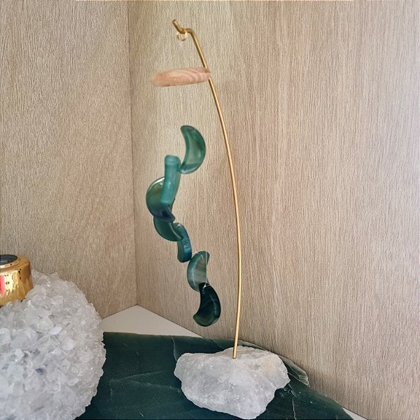 Móbile de Mesa Lua Ágata Verde - Base Quartzo Branco