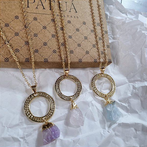 Colar Pingente Elo Cristal Bruto - Folheado a Ouro