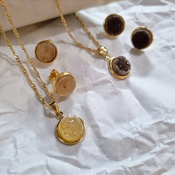 Conjunto Brinco e Colar Geodo - Folheado a Ouro