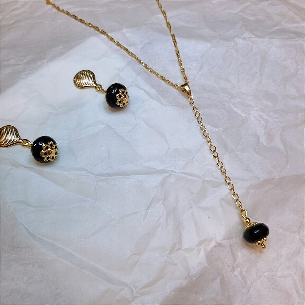 Conjunto Brinco e Colar Ágata Negra Facetada - Folheado a Ouro