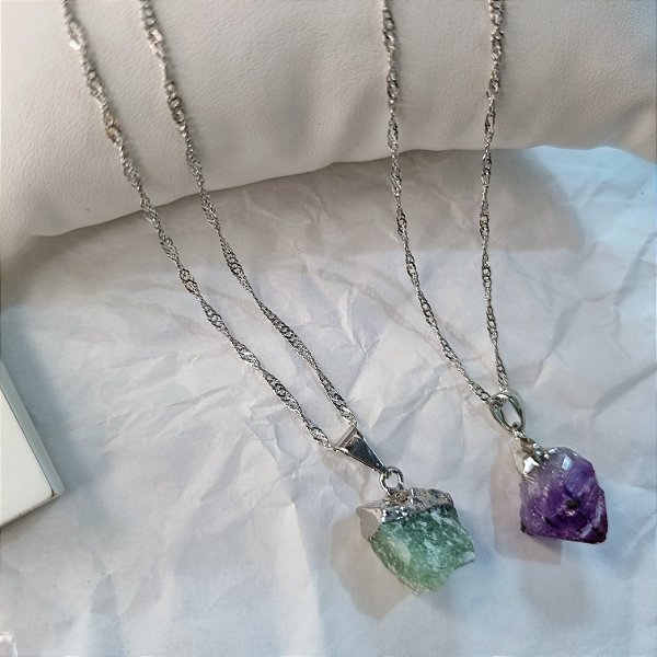 Colar Cristal Bruto - Ródio Branco
