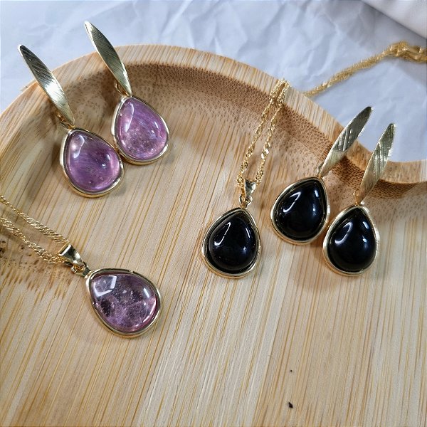 Conjunto Brinco Suspenso Longo e Colar - Folheado a Ouro