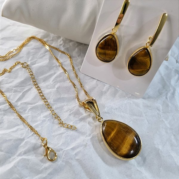 Conjunto Brinco e Colar Olho de Tigre - Folheado a Ouro
