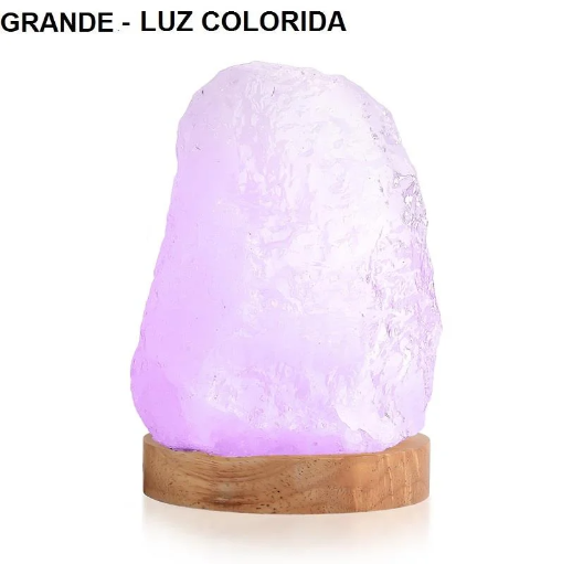Luminária Quartzo Rosa Led Colorido - Base de Madeira
