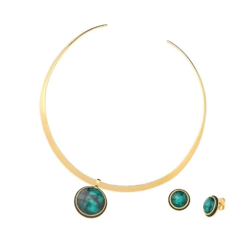 Conjunto Choker Aro e Brinco Esmeralda Facetada Detalhe Ródio Negro - Folheado a Ouro