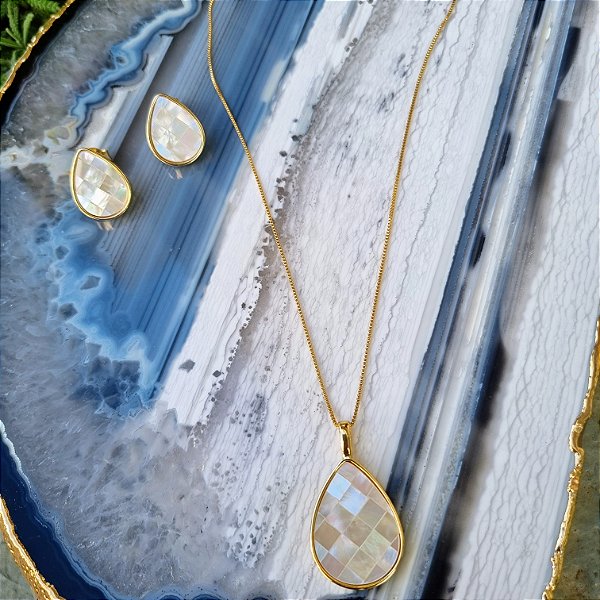 Conjunto Brinco e Colar Gota Madrepérola Mosaico - Folheado a Ouro