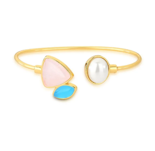 Bracelete Ágata Ázul, Quartzo Rosa e Pérola  - Folheado a Ouro