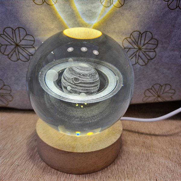 Luminária Bola de Cristal Saturno - 8cm - Base Madeira