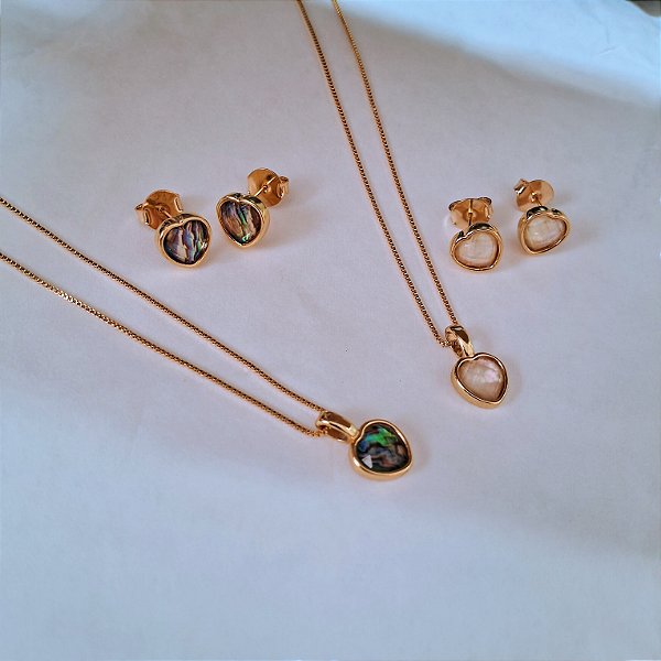 Conjunto Colar e Brinco Coração Facetado - Folheado a Ouro