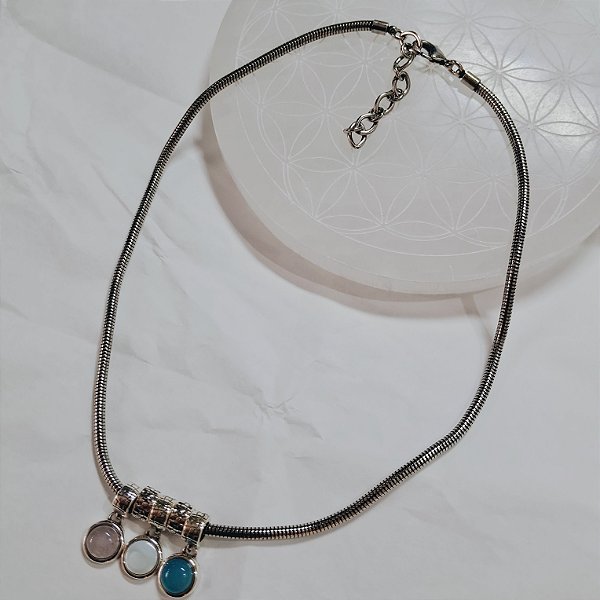 Choker Quartzo Rosa, Madrepérola e Ágata Azul - Prata Envelhecida