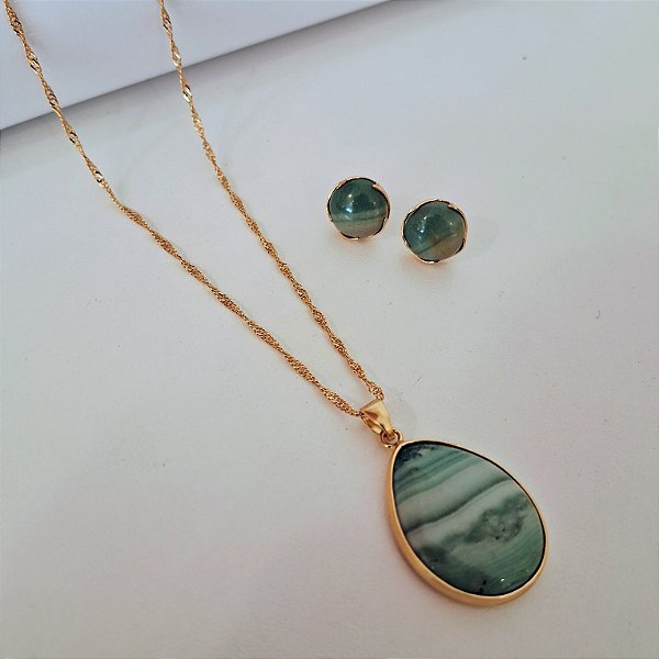 Conjunto Brinco Garra e Colar Gota Ágata - Folheado a Ouro
