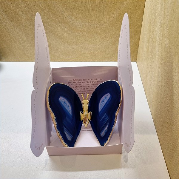 Borboleta Ágata Azul - Borda Dourada - Coleção Asas
