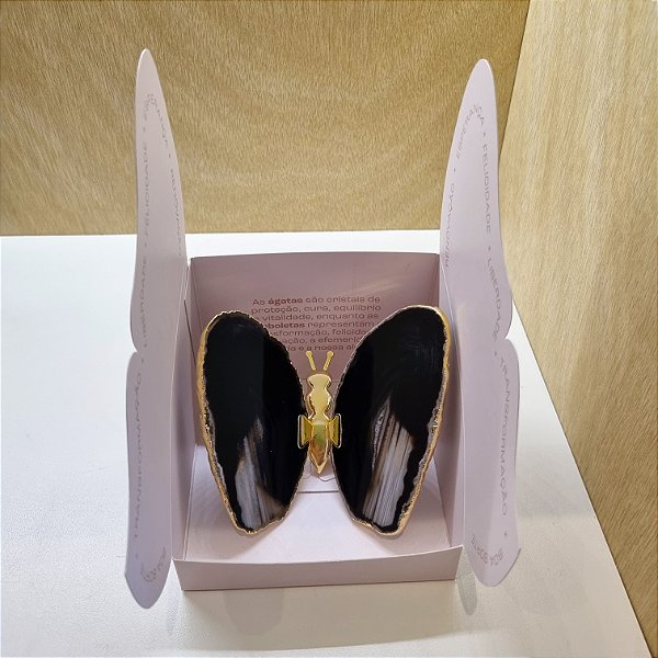 Borboleta Ágata Preta -Borda Dourada - Coleção Asas