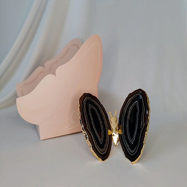 Borboleta Ágata Preta - Borda Dourada - Coleção Asas