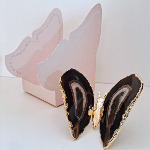 Borboleta Ágata Preta - Borda Dourada - Coleção Asas