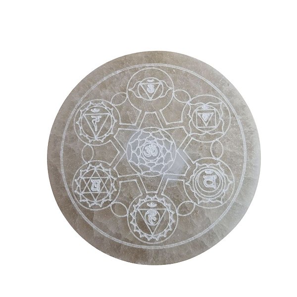 Placa de Selenita Redonda Mandala Chakras - 10cm