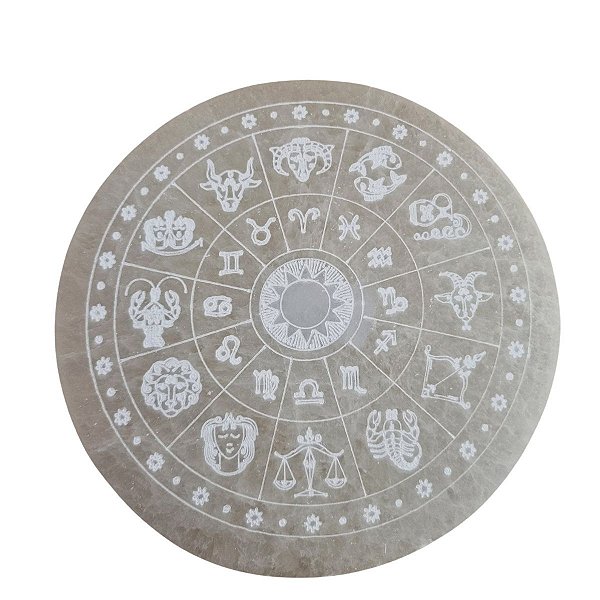 Placa de Selenita Redonda Mandala Signos do Zodíaco - 14cm