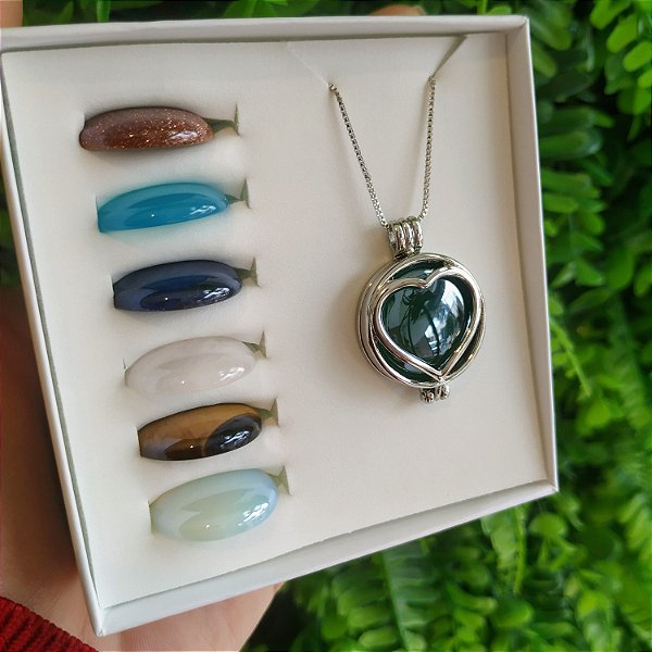 Combo Relicário Coração 7 Pedras Naturais Peroladas - Ródio Branco