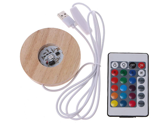 Base Redonda De Madeira LED 8cm - Colorida - Com Controle