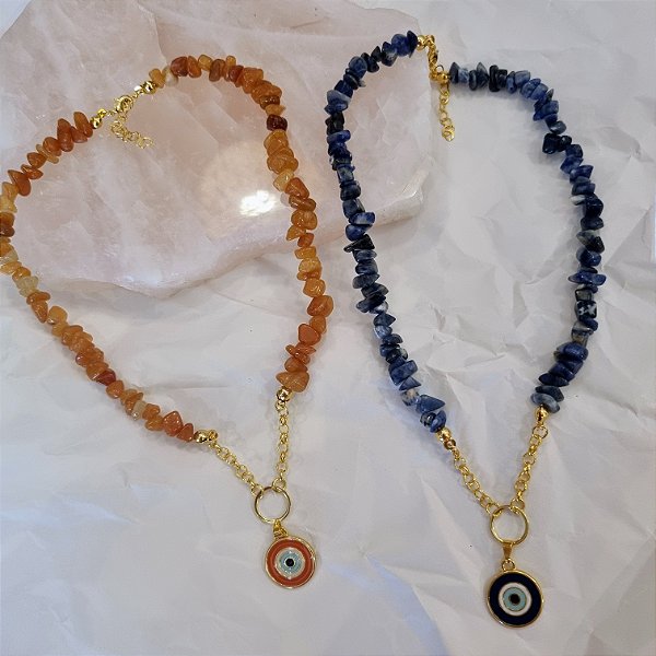 Choker Pedras Brutas Olho Grego - Folheado a Ouro