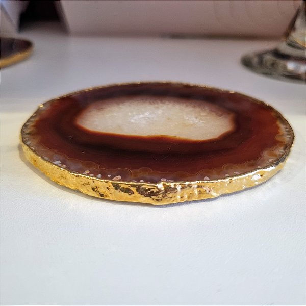 Porta Copo Chapa Ágata Marrom Borda Dourada Unitário