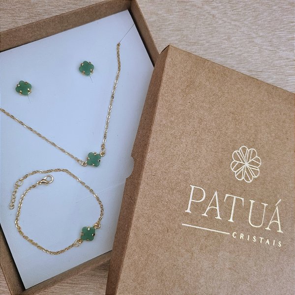 Conjunto Brinco, Colar e Pulseira Trevo Quartzo Verde - Folheado a Ouro