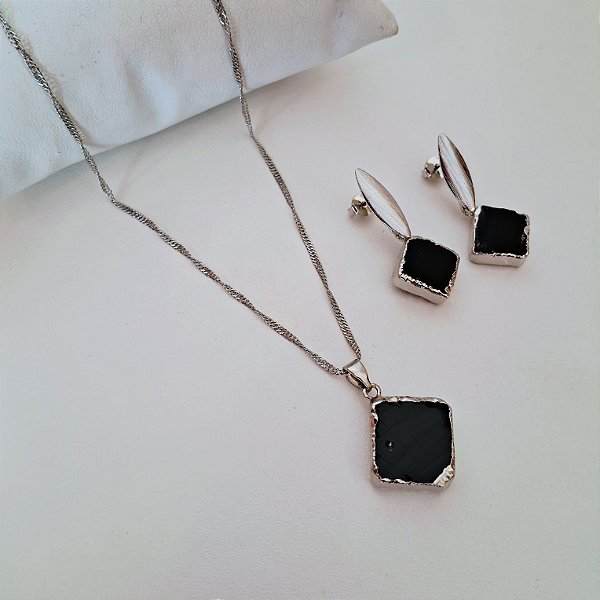 Conjunto Brinco e Colar Obsidiana Negra - Ródio Branco