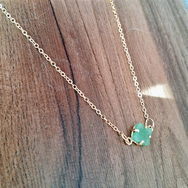 Colar Trevo Quartzo Verde - Folheado a Ouro