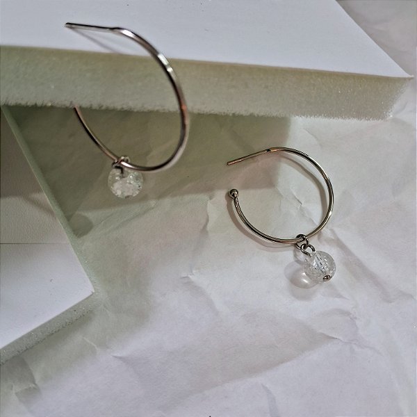 Brinco Argola Conta Cristal de Quartzo - Ródio Branco