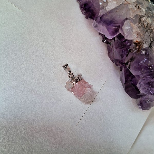 Pingente Quartzo Rosa Bruto  - Ródio Branco