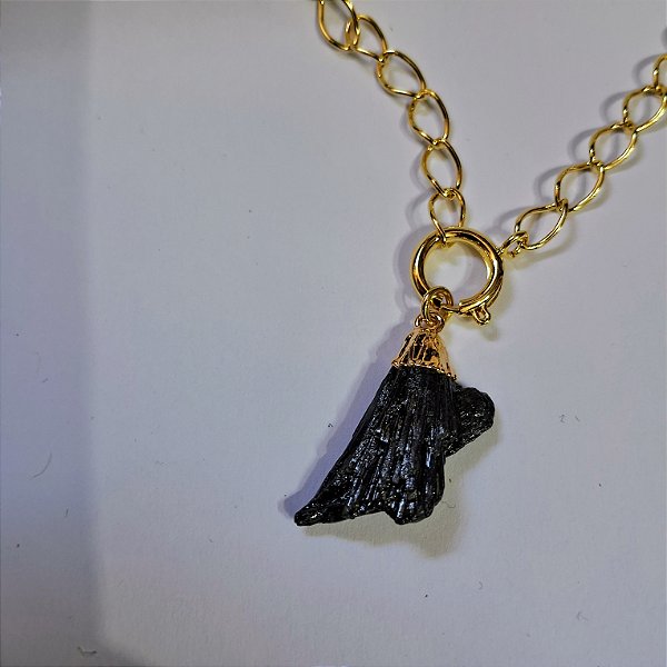 Colar Elo Grande Pingente Pedra Bruta - Folheado a Ouro