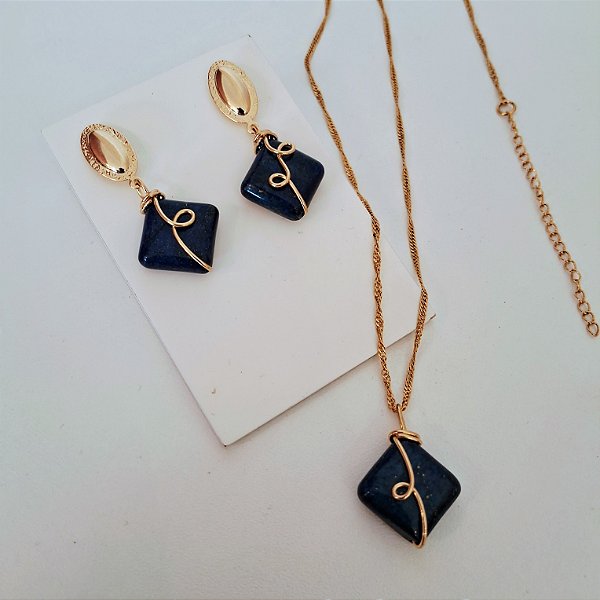 Conjunto Brinco e Colar Hippie Lápis Lazuli - Folheado a Ouro