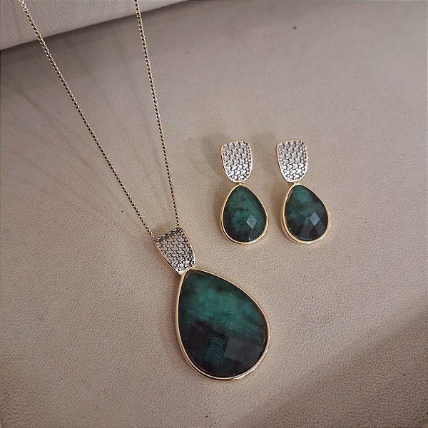 Conjunto Gota G Colar e Brinco Esmeralda com Detalhe em Ródio Branco - Folheado a Ouro