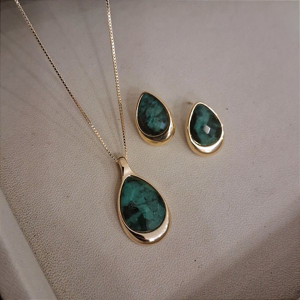 Conjunto Eterno Gota Colar e Brinco Esmeralda  - Folheado a Ouro