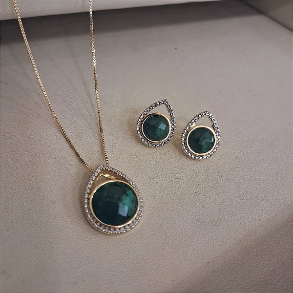 Conjunto Gota Vazada Colar e Brinco Esmeralda  - Folheado a Ouro