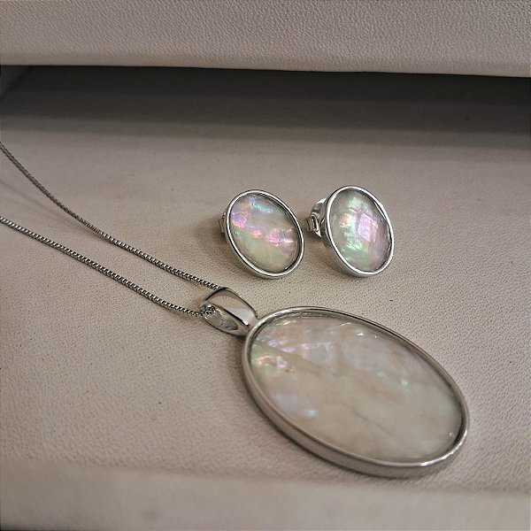 Conjunto Brinco e Colar Nautilus Facetado - Ródio Branco