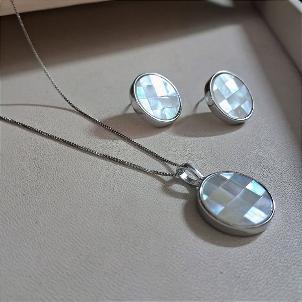 Conjunto Brinco e Colar Redondo Madrepérola Mosaico - Ródio Branco