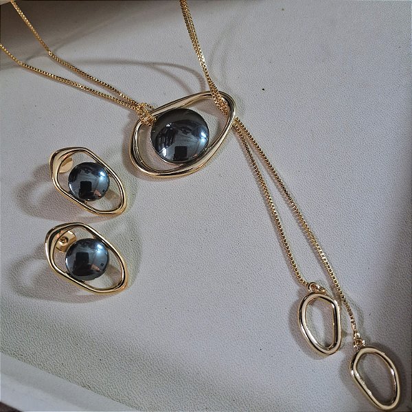 Conjunto Poder Brinco e Colar Hematita - Folheado a Ouro