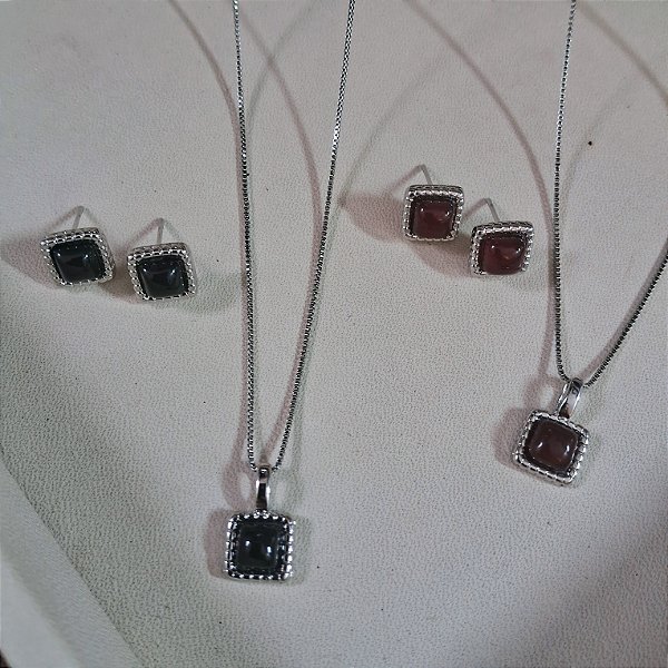 Conjunto Colar e Brinco Quadrado - Ródio Branco