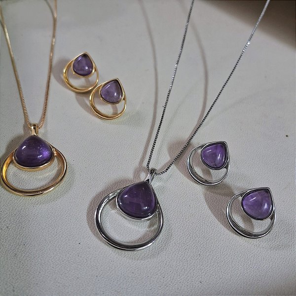 Conjunto Vazado Brinco e Colar Gota Ametista