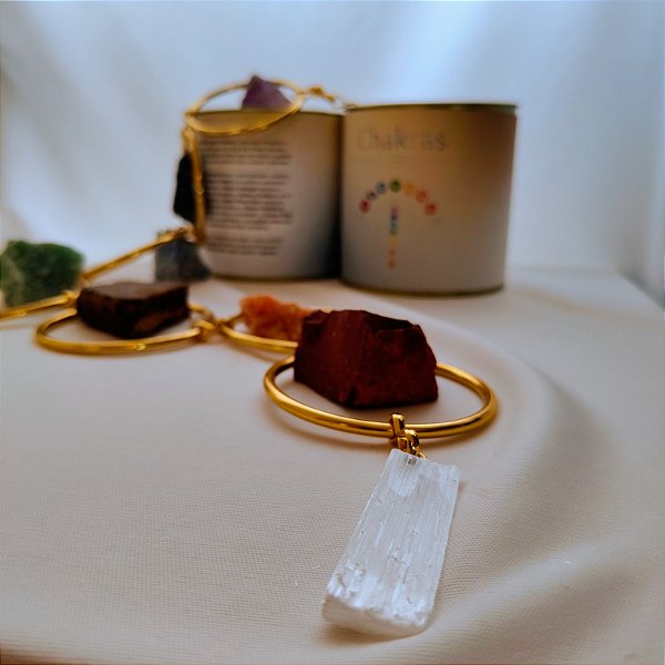 Móbile Argola Chakras - Cristais Brutos - Selenita - Dourado