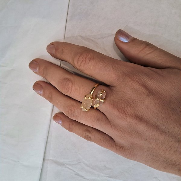 Anel Regulável Duplo Geodo Ágata e Quartzo Rosa - Folheado a Ouro