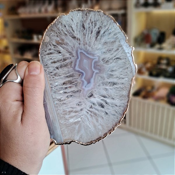 Chapa Ágata Cinza Transparente - Borda Dourada