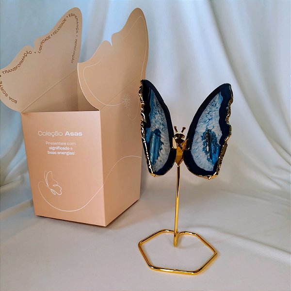 Borboleta Ágata Azul - Base Dourada - Base de Ferro