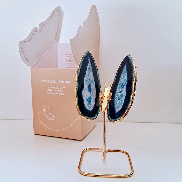 Borboleta Ágata Azul - Base Dourada - Base de Ferro