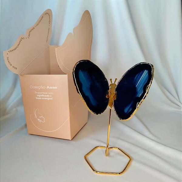 Borboleta Ágata Azul - Base Dourada - Base de Ferro