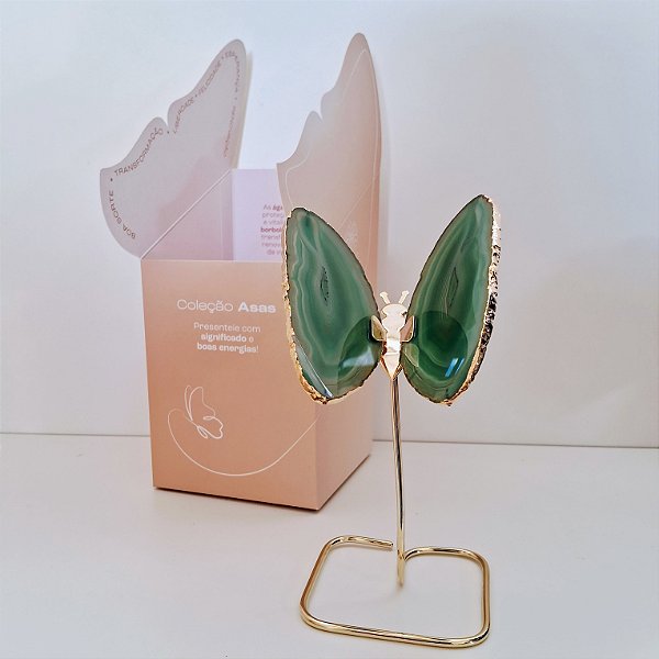 Borboleta Ágata Verde - Base Dourada - Base de Ferro