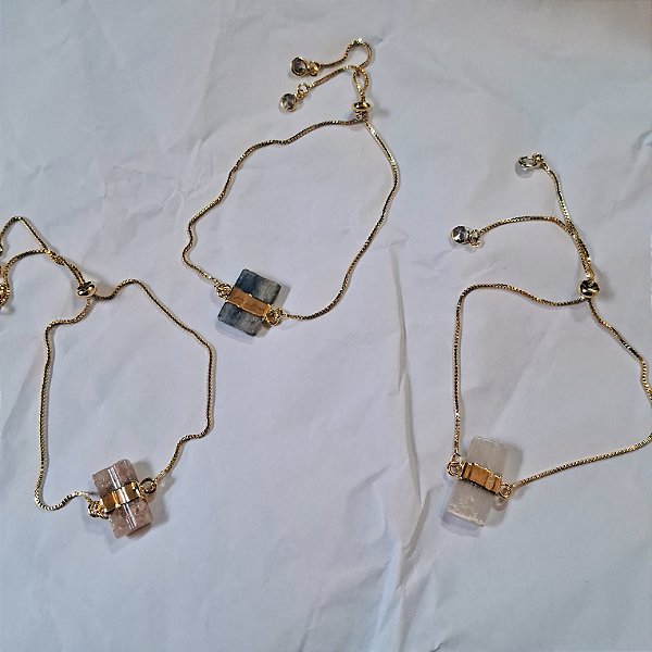 Pulseira Gravata Pedras Brutas- Faixa Dourada - Folheados a Ouro